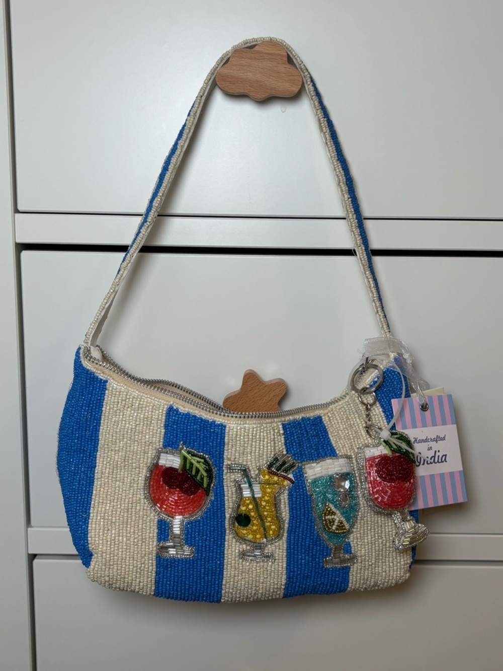 Handcrafted in INDIA Cocktail on Blue Strips Beaded Bag Viral TikTok NWT